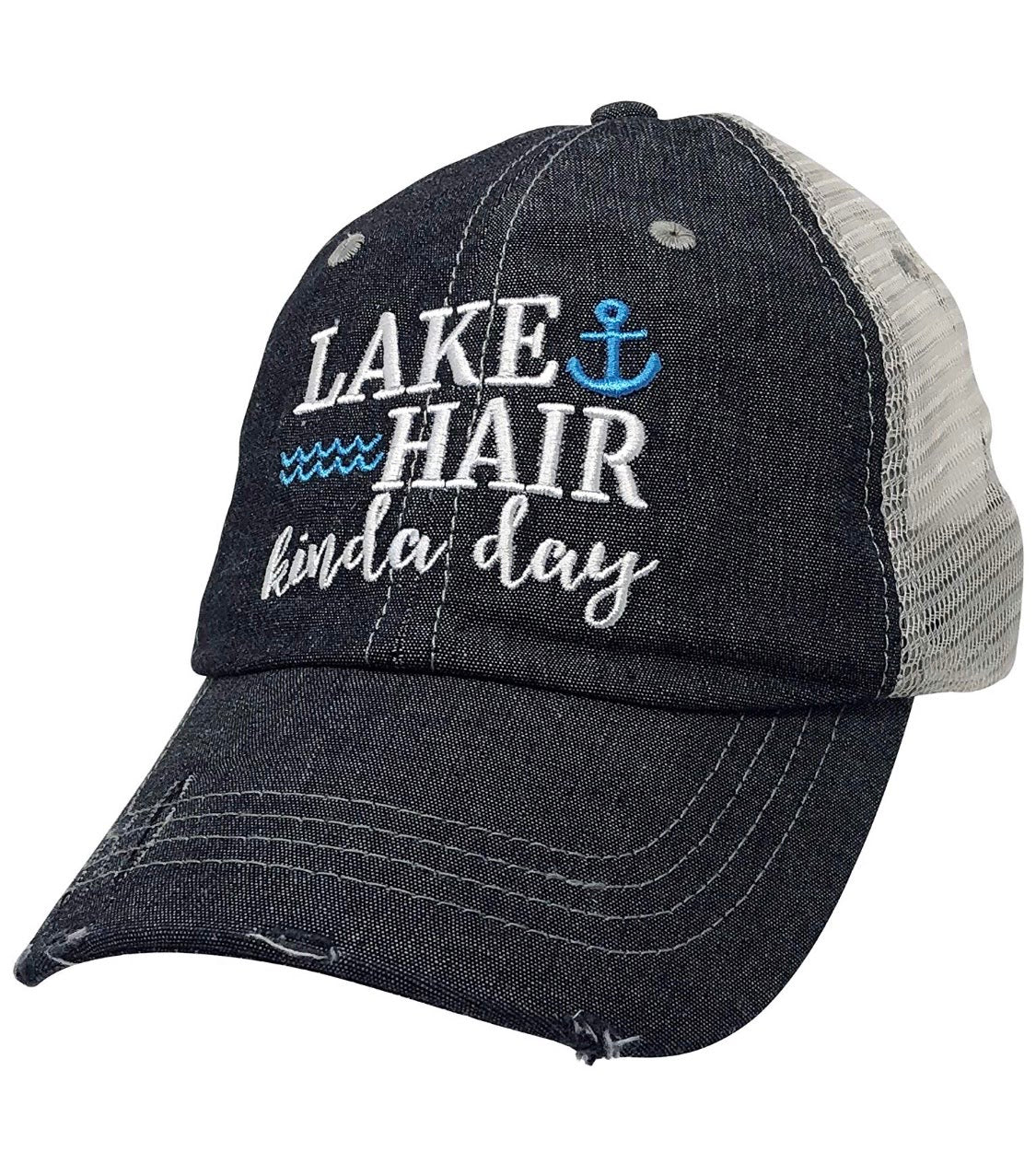 Lake Hair Kinda Day Distressed Trucker Hat -356