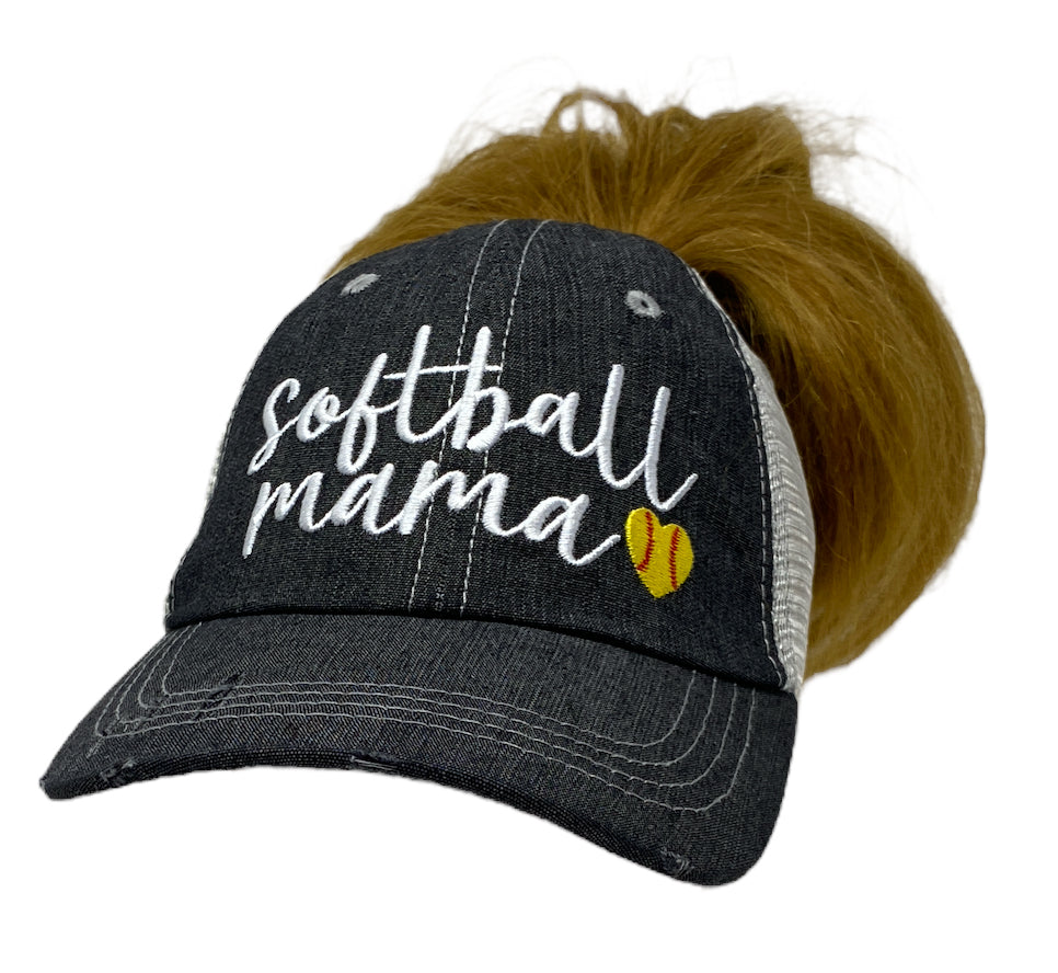 Softball Mama Softball Mom MESSY BUN HIGH PONYTAIL Mesh Embroidered MESH Hat Trucker Hat Cap -265