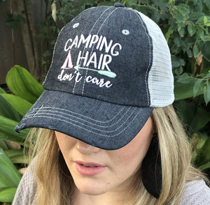 Camping Hair Don't Care Distressed Trucker Hat
