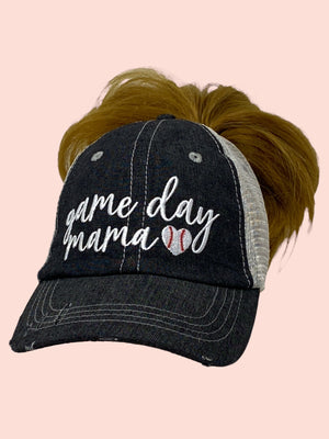 Cocomo Soul Game Day Mama Baseball Mom MESSY BUN HIGH PONYTAIL Mesh Embroidered MESH Hat Trucker Hat Cap -233