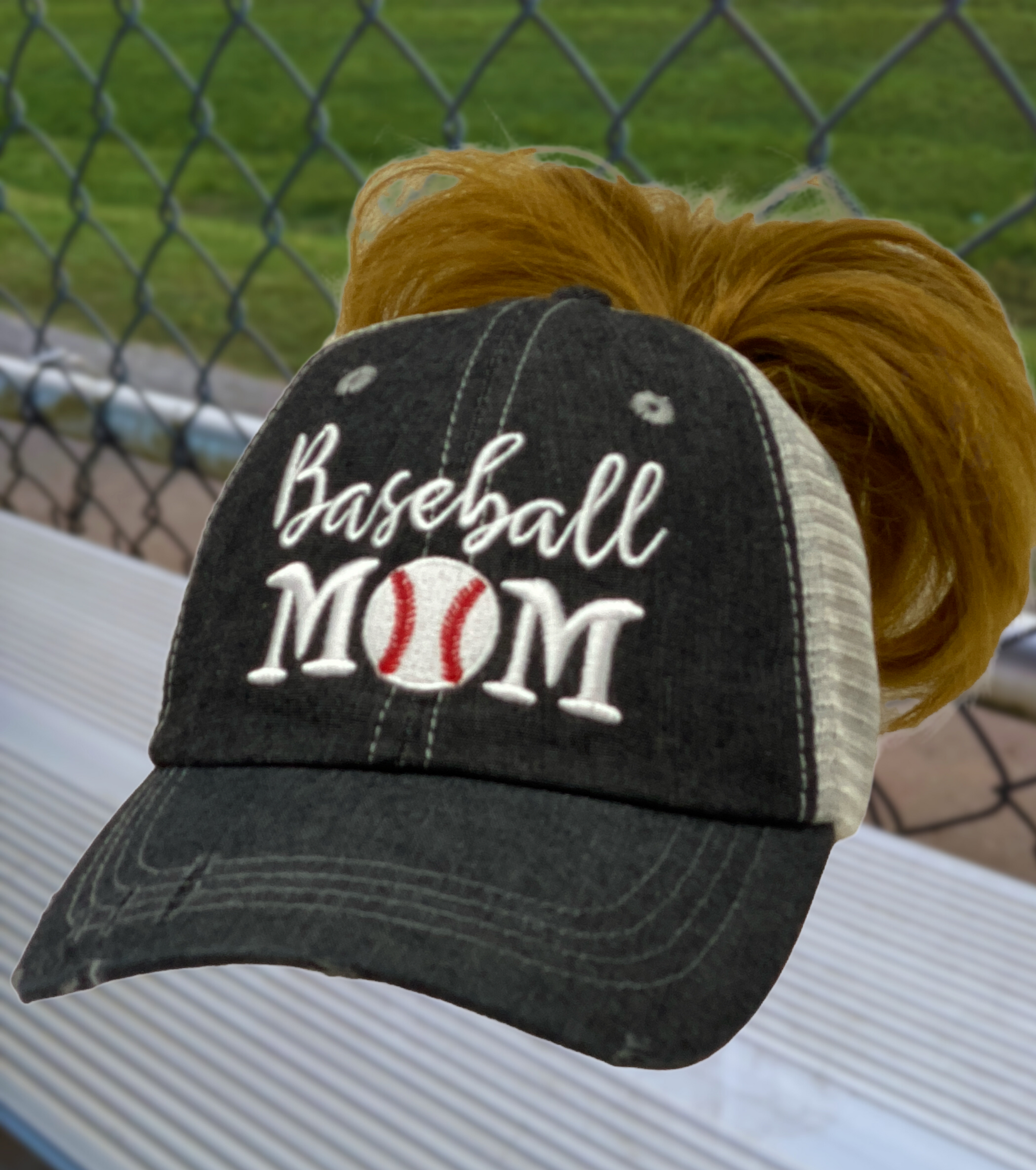 Baseball MOM MESSY BUN HIGH PONYTAIL Baseball Mom Mesh Embroidered MESH Hat Trucker Hat Cap -205