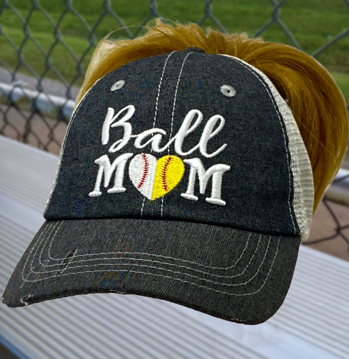 SB/BB Ball Mom MESSY BUN HIGH PONYTAIL Half Baseball Half Softball Baseball MOM Softball MOM Hat -273