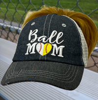 SB/BB Ball Mom MESSY BUN HIGH PONYTAIL Half Baseball Half Softball Baseball MOM Softball MOM Hat -273