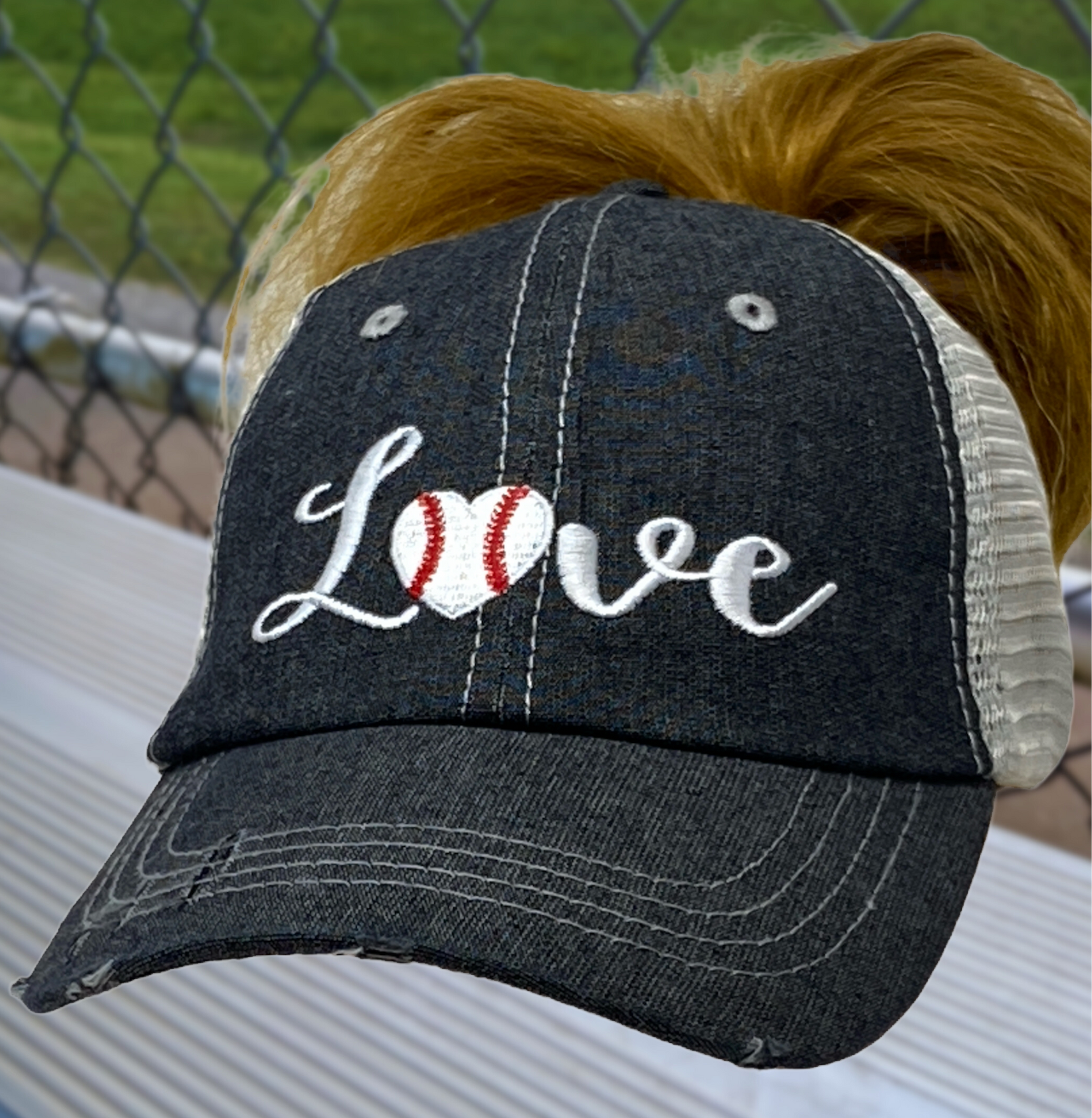 Love Baseball Mom MESSY BUN HIGH PONYTAIL Hat -221
