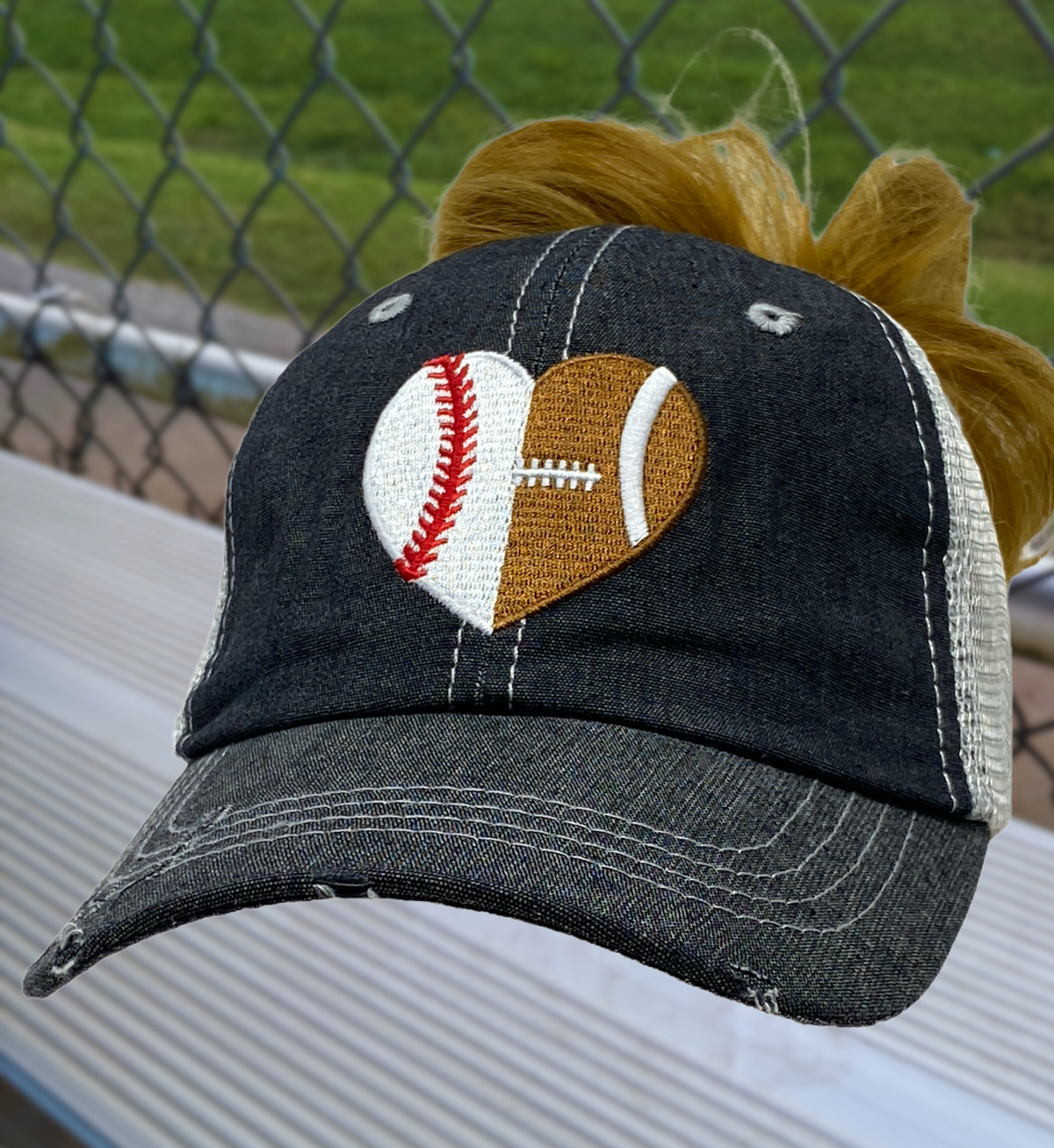 Football Baseball Heart Half Football Mom Half Baseball MESSY BUN HIGH PONYTAIL MOM Hat -319