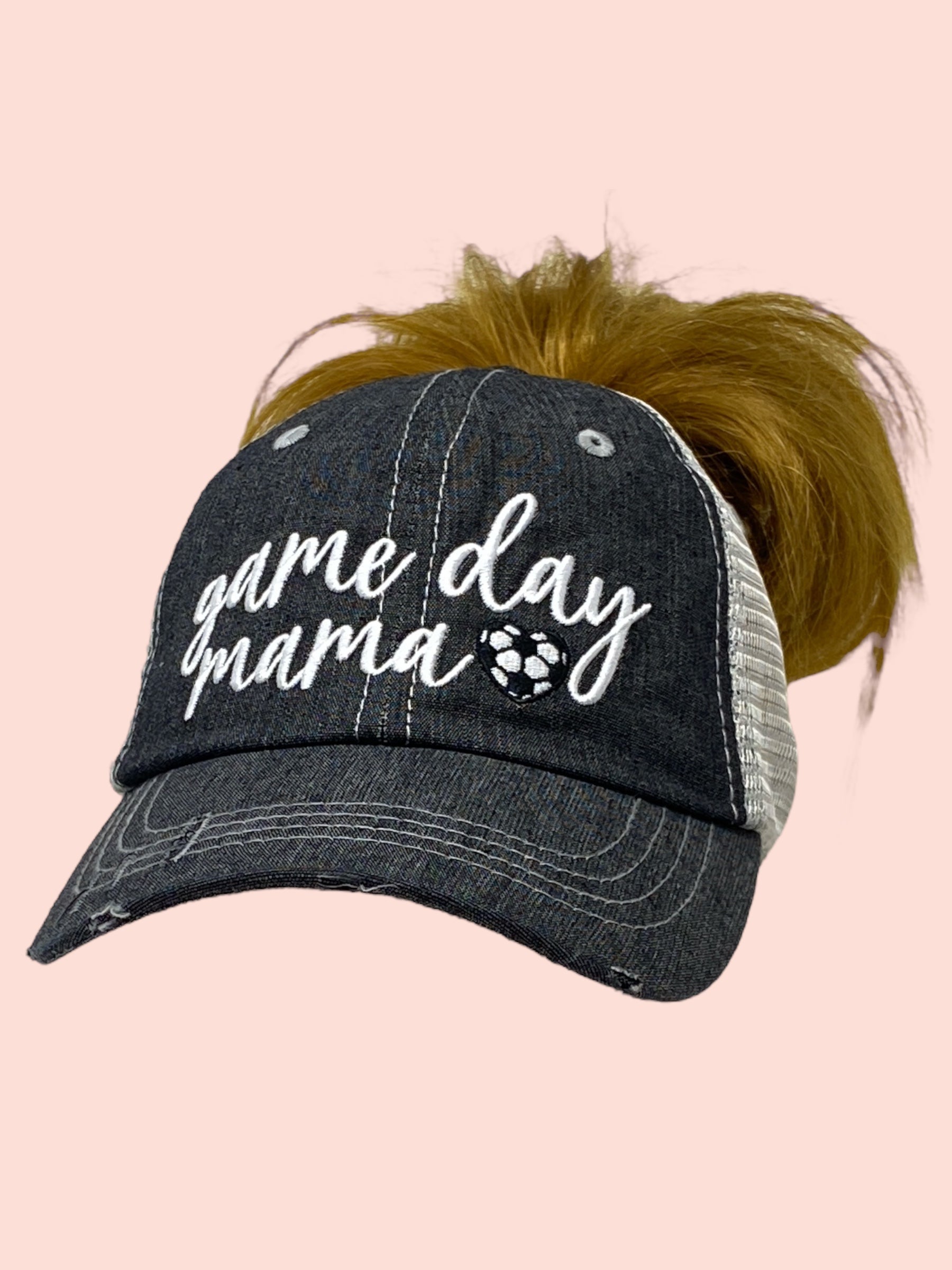 Game Day Mama Soccer Mom MESSY BUN HIGH PONYTAIL Soccer Mom Mesh MESH Embroidered Hat  -335