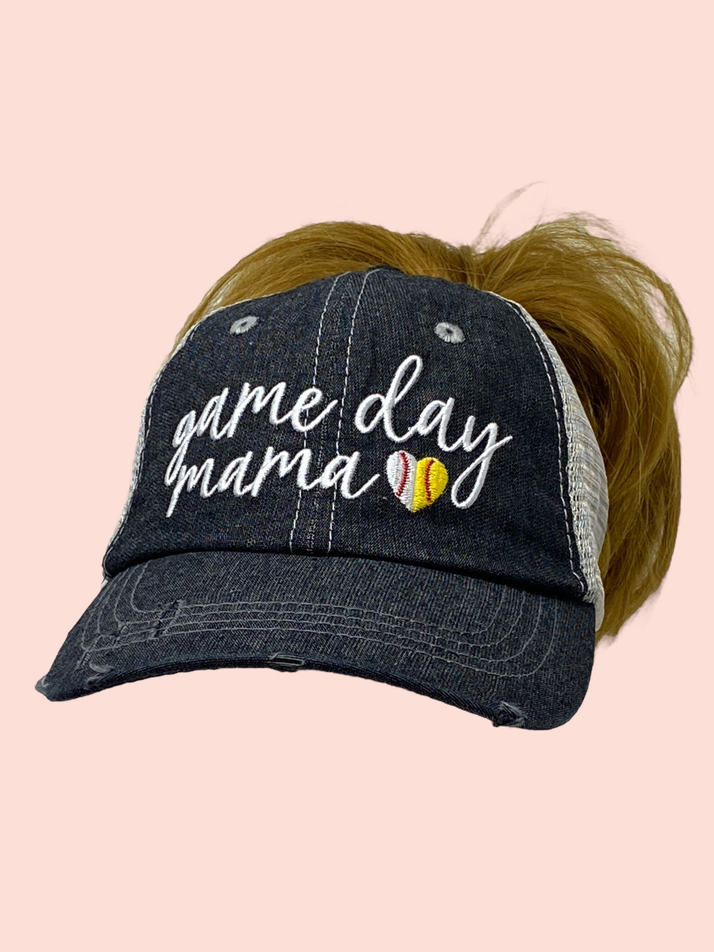 SB/BB Game Day Mama Ball Mom MESSY BUN HIGH PONYTAIL Half Baseball Half Softball Baseball MOM Softball MOM Hat -277