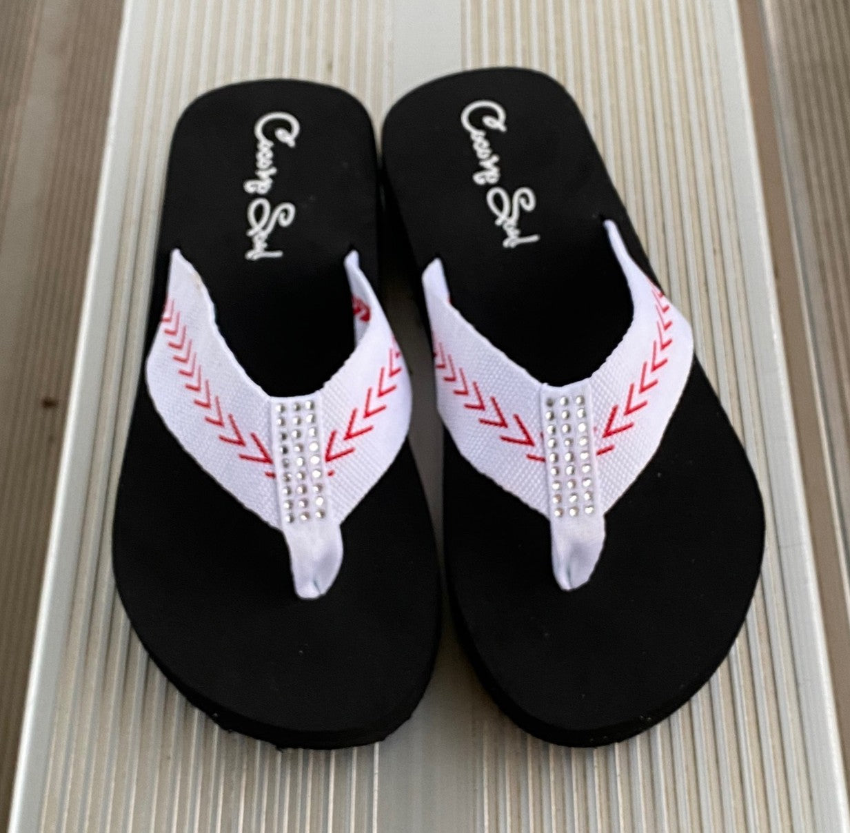 Cocomo Soul Women's Baseball Flip Flops – Rhinestone Fabric Sandals for Baseball Moms