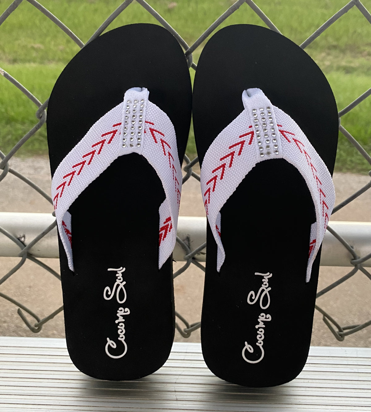 Cocomo Soul Women's Baseball Flip Flops – Rhinestone Fabric Sandals for Baseball Moms