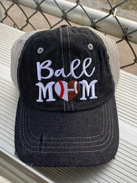 Ball Mom BB/FB Football Baseball Heart Half Football Mom Half Baseball MESSY BUN HIGH PONYTAIL MOM Mesh Embroidered MESH Hat Baseball Football Mom Trucker Cap Trucker Hat -323
