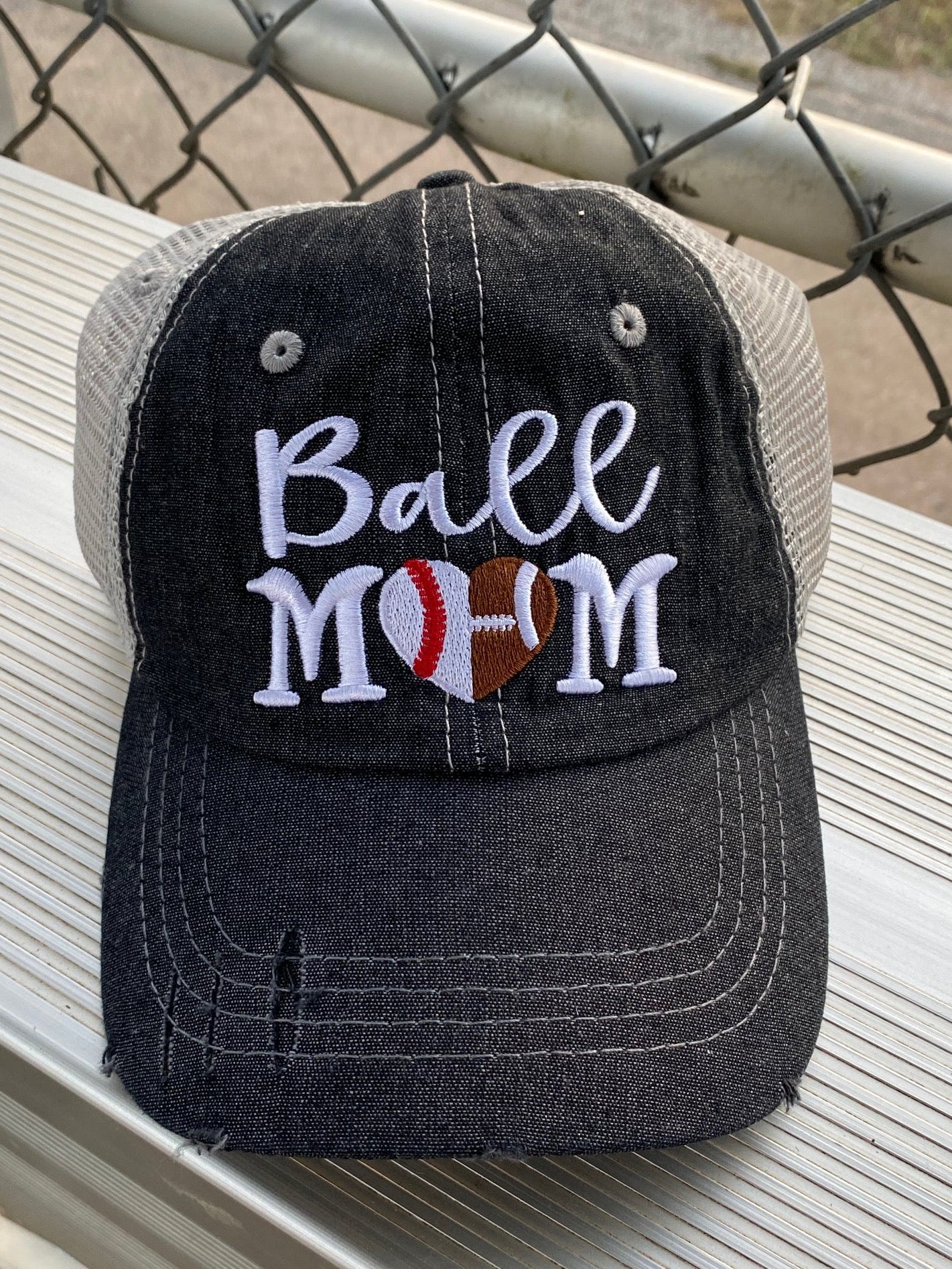Ball Mom BB/FB Football Baseball Heart Half Football Mom Half Baseball MOM Mesh Embroidered MESH Hat Baseball Football Mom Trucker Cap Trucker Hat -322