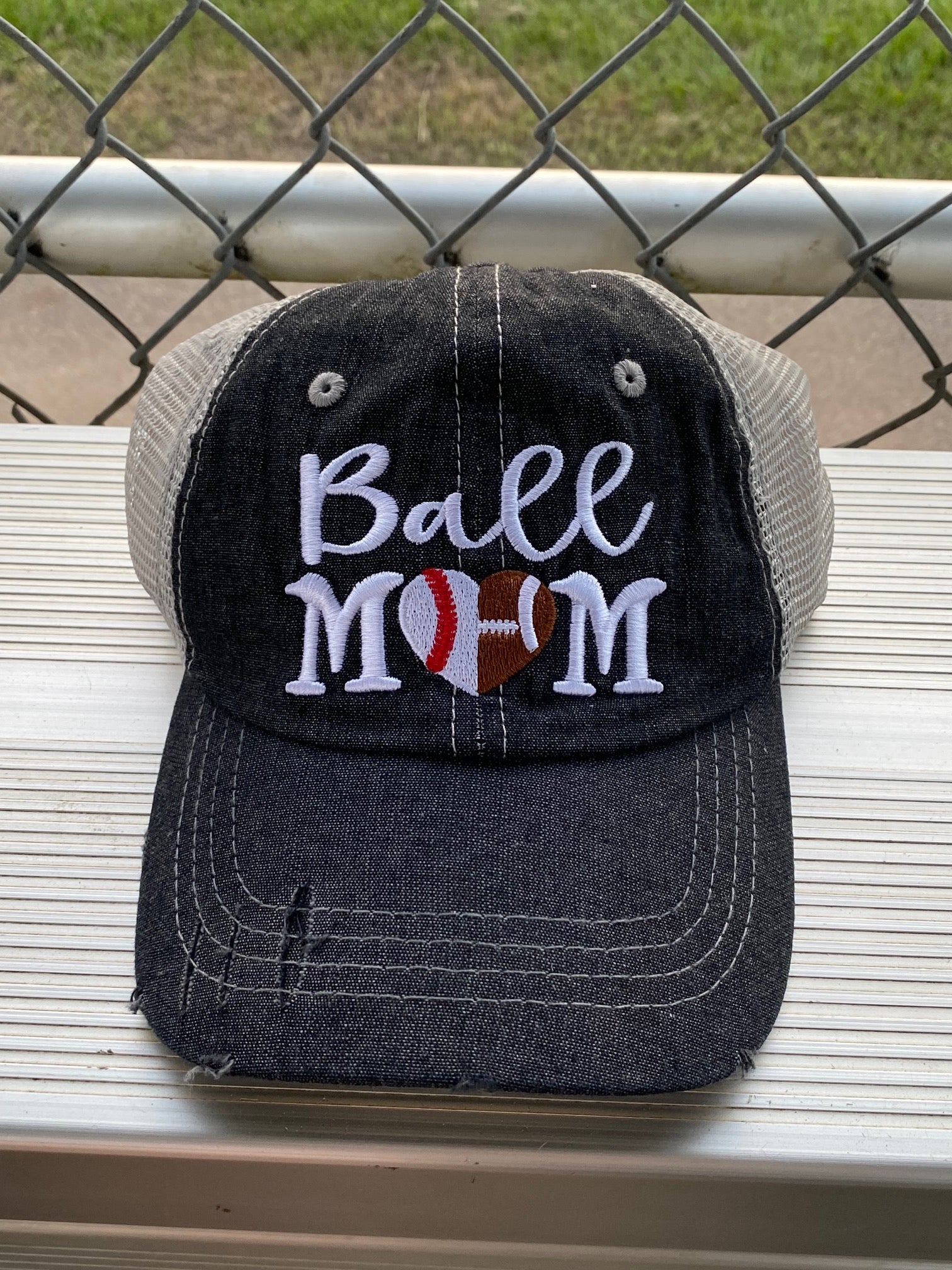 Ball Mom BB/FB Football Baseball Heart Half Football Mom Half Baseball MESSY BUN HIGH PONYTAIL MOM Mesh Embroidered MESH Hat Baseball Football Mom Trucker Cap Trucker Hat -323