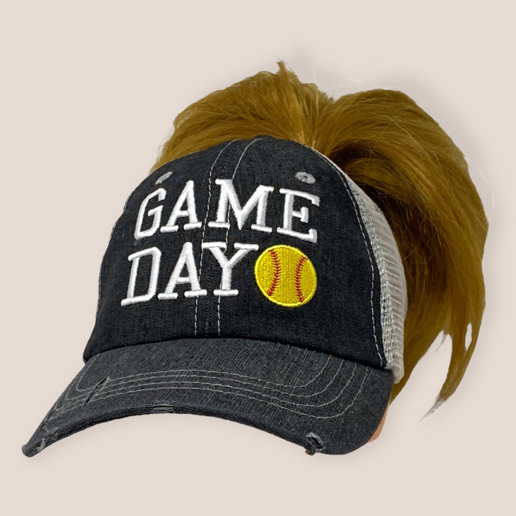 Cocomo Soul Game Day Softball Mom MESSY BUN HIGH PONYTAIL Embroidered Mesh Trucker Style Hat Cap Softball MOM Gift Mothers Day Dark Grey-243