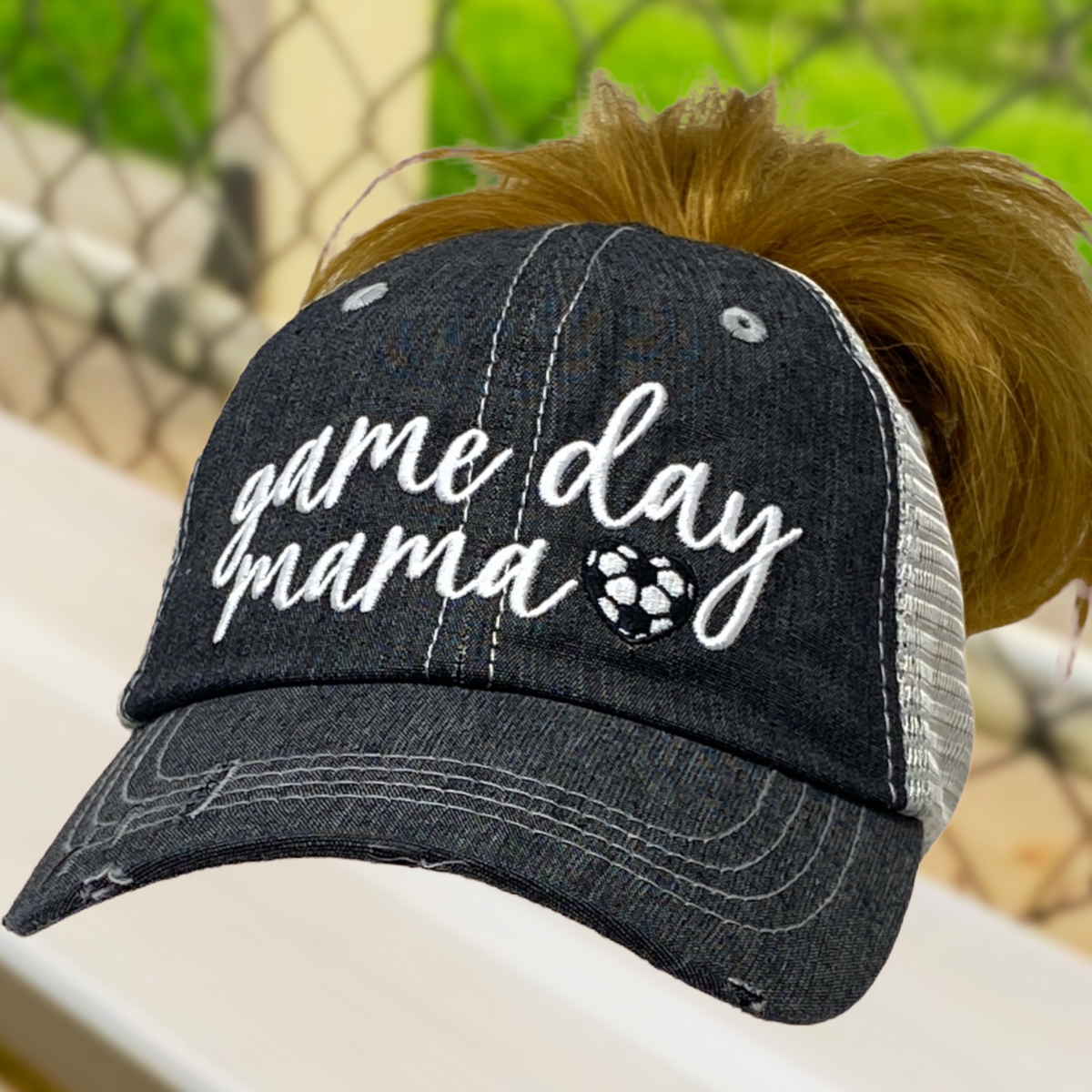 Game Day Mama Soccer Mom MESSY BUN HIGH PONYTAIL Soccer Mom Mesh MESH Embroidered Hat  -335