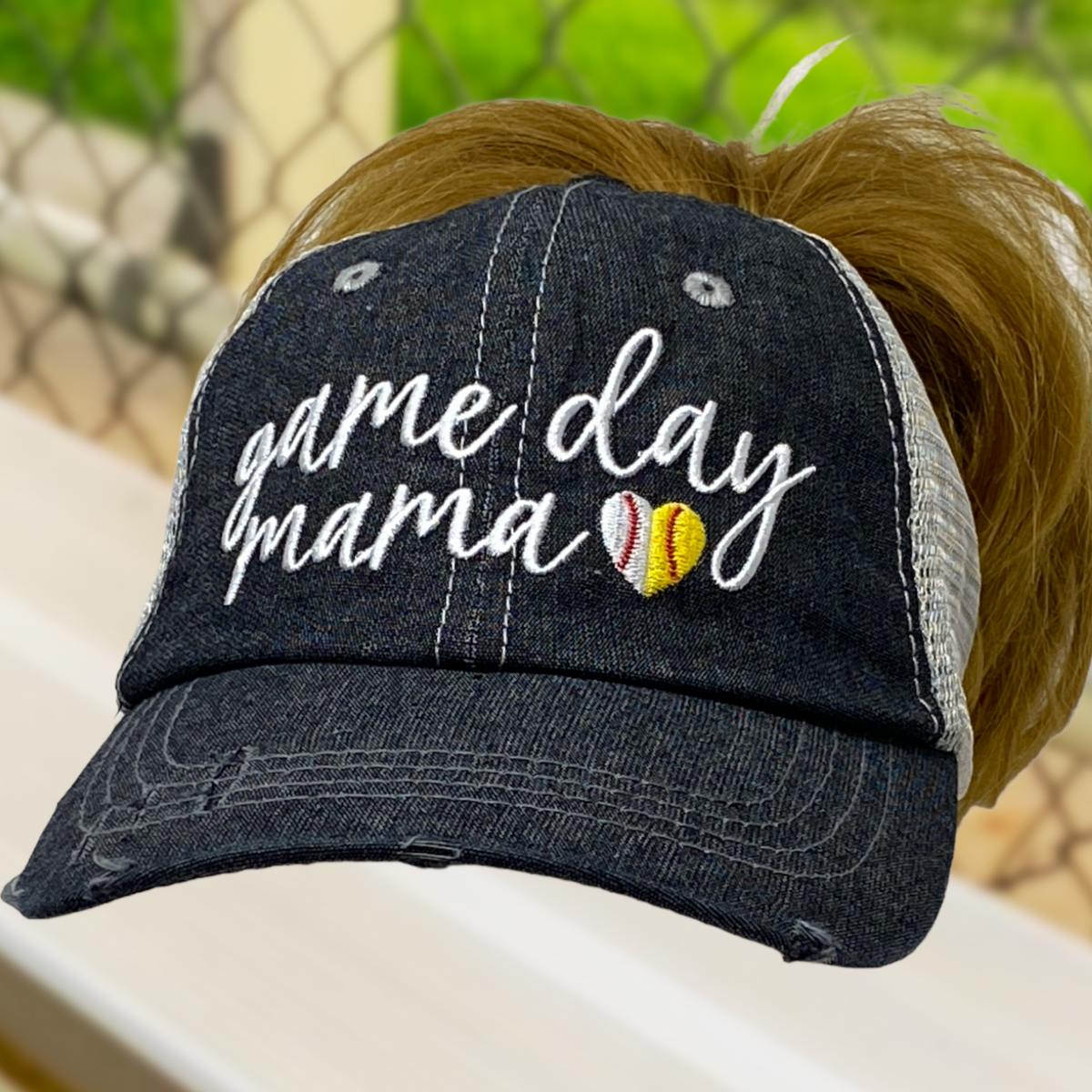 SB/BB Game Day Mama Ball Mom MESSY BUN HIGH PONYTAIL Half Baseball Half Softball Baseball MOM Softball MOM Hat -277