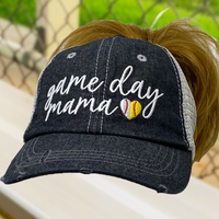 SB/BB Game Day Mama Ball Mom MESSY BUN HIGH PONYTAIL Half Baseball Half Softball Baseball MOM Softball MOM Hat -277