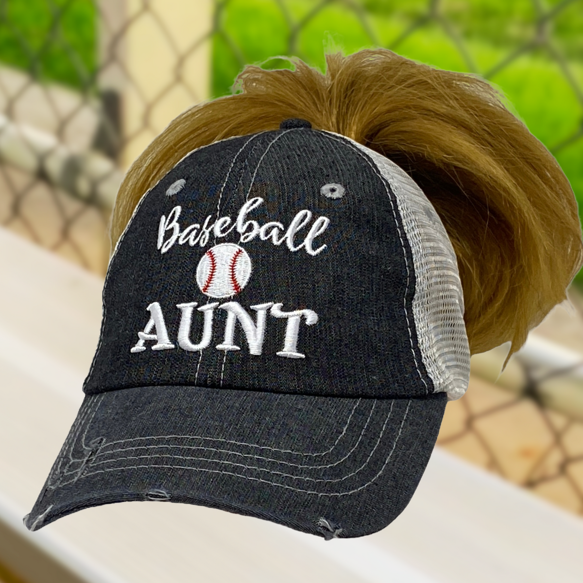 Baseball Aunt MESSY BUN HIGH PONYTAIL Mesh Embroidered MESH Hat Cap -213