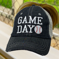 Game Day Baseball MESSY BUN HIGH PONYTAIL Embroidered Hat -211