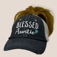 Blessed Auntie Messy Bun Embroidered Hat Cap