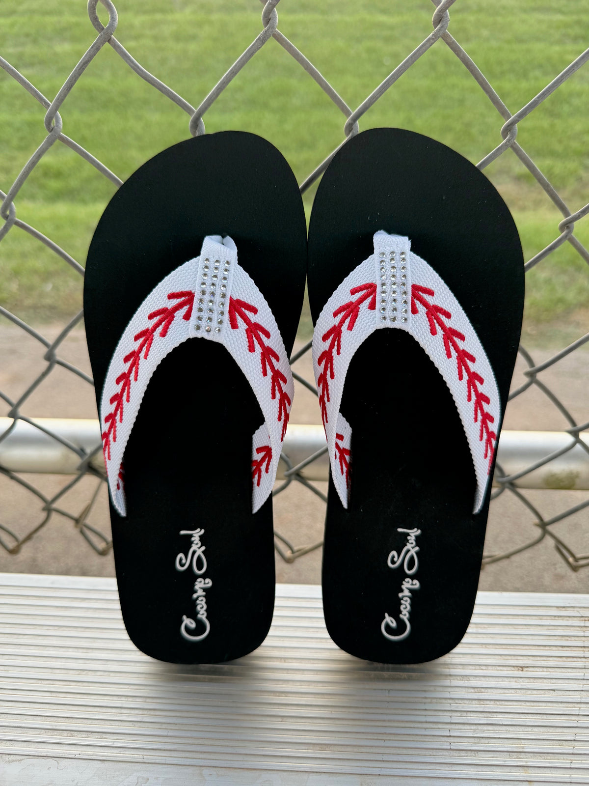 Rhinestone Baseball Embroidered Baseball Flip Flops Sandals Slippers