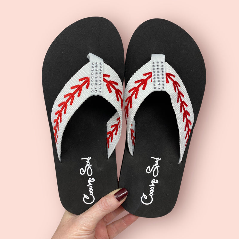 Rhinestone Baseball Embroidered Baseball Flip Flops Sandals Slippers