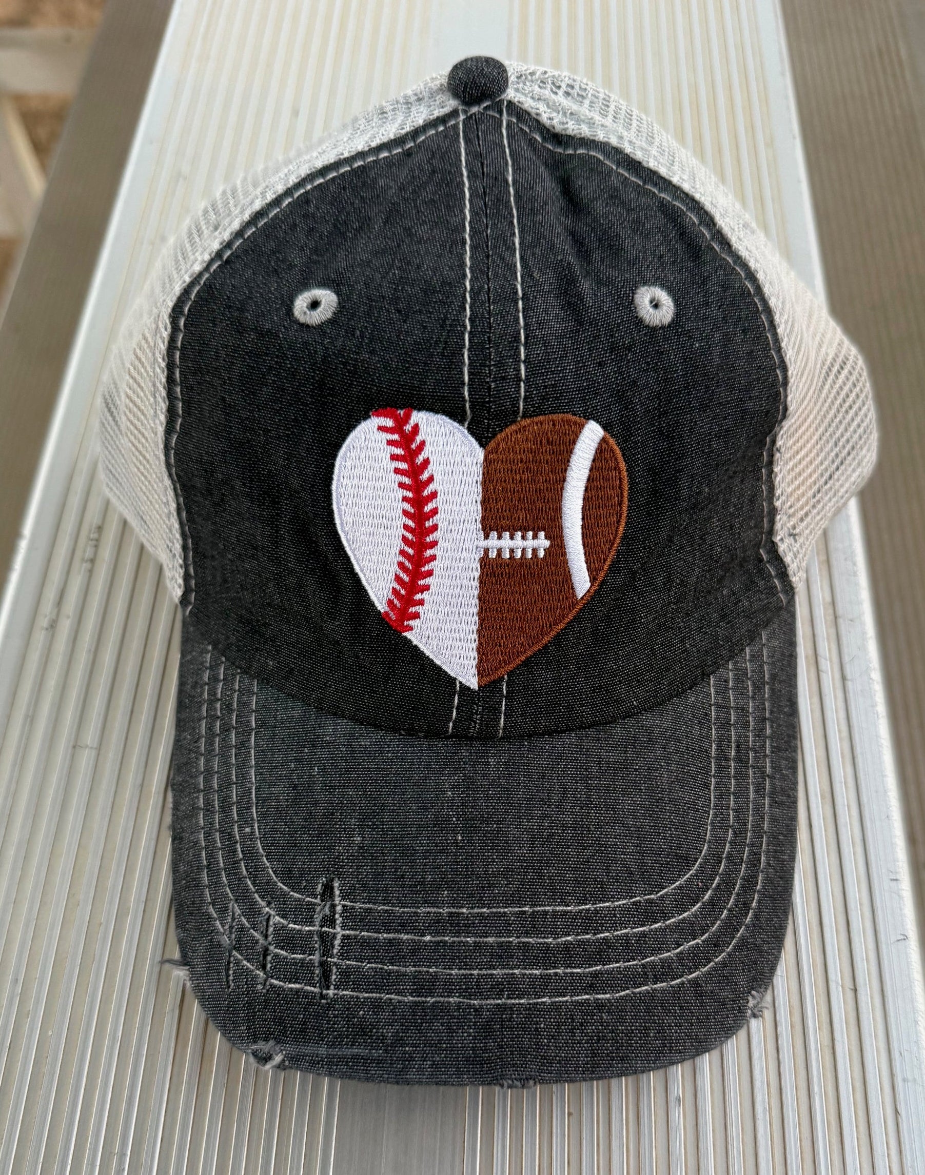 Football Baseball Heart Half Football Mom Half Baseball MESSY BUN HIGH PONYTAIL MOM Hat -319