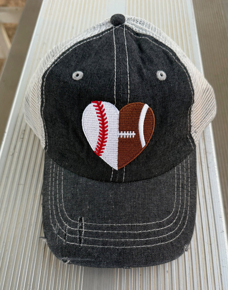 Football Baseball Heart Half Football Mom Half Baseball MESSY BUN HIGH PONYTAIL MOM Hat -319