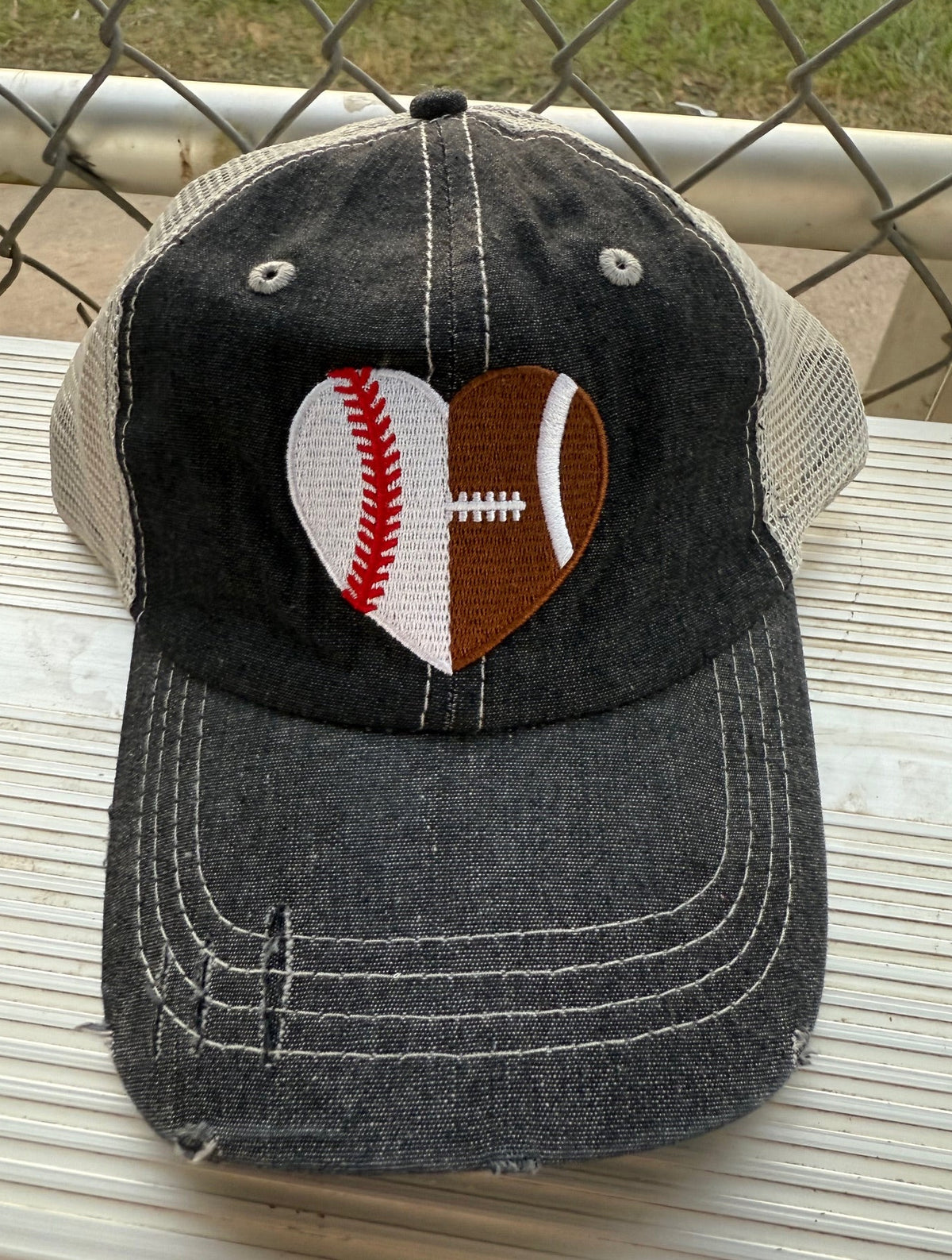 Football Baseball Heart Half Football Mom Half Baseball MESSY BUN HIGH PONYTAIL MOM Hat -319