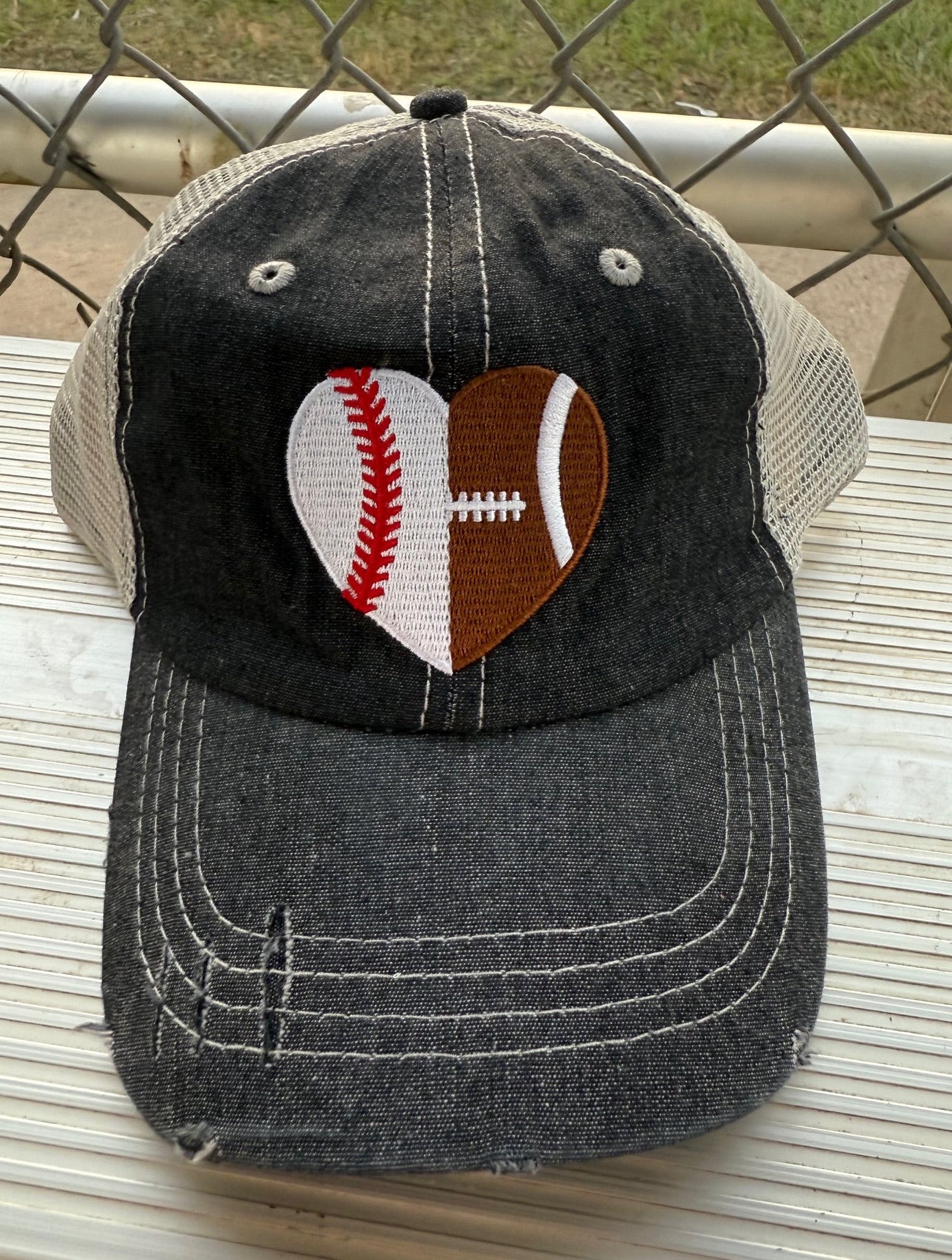 Football Baseball Heart Half Football Mom Half Baseball MESSY BUN HIGH PONYTAIL MOM Hat -319
