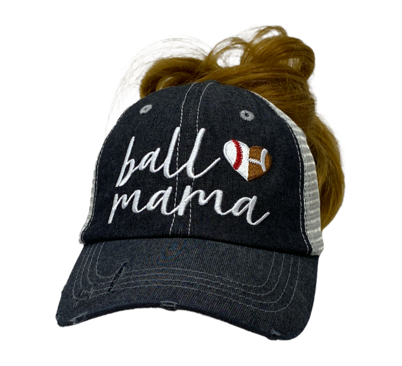 Ball Mama Heart Half Football Mom Half Baseball MOM Mesh Embroidered MESSY BUN HIGH PONYTAIL MESH Hat Baseball Football Mom Trucker Cap Trucker Hat -321