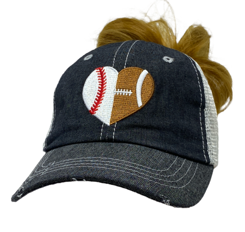 Football Baseball Heart Half Football Mom Half Baseball MESSY BUN HIGH PONYTAIL MOM Mesh Embroidered MESH Hat Baseball Football Mom Trucker Cap Trucker Hat -319