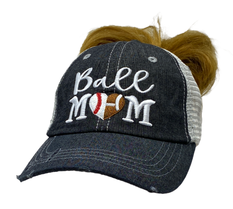 Ball Mom BB/FB Football Baseball Heart Half Football Mom Half Baseball MESSY BUN HIGH PONYTAIL MOM Mesh Embroidered MESH Hat Baseball Football Mom Trucker Cap Trucker Hat -323