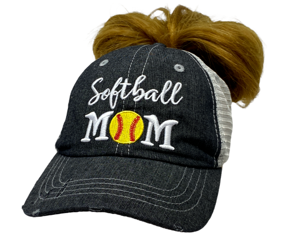 Softball MOM Hat MESSY BUN HIGH PONYTAIL Softball LOVE Softball MOM Softball Grandma Mimi Gigi Nana Aunt Sister Mesh Embroidered MESH Hat Trucker Hat Cap -303