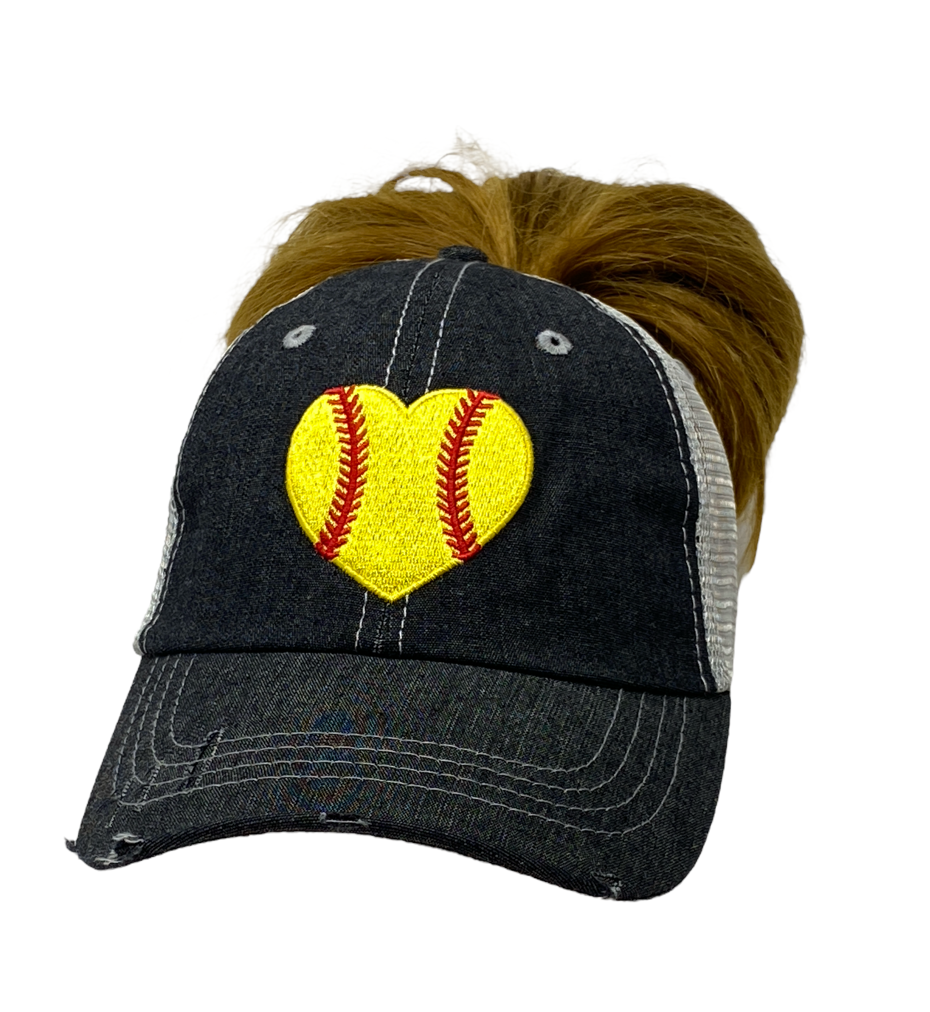 HEART Softball Hat MESSY BUN HIGH PONYTAIL Softball LOVE Softball MOM Softball Grandma Mimi Gigi Nana Aunt Sister Mesh Embroidered MESH Hat Trucker Hat Cap -301