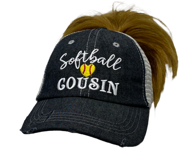 Softball Cousin MESSY BUN HIGH PONYTAIL Mesh Embroidered MESH Hat Trucker Hat Cap