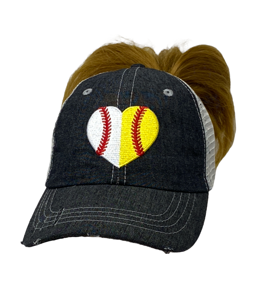 Messy Bun HEART Ball Mom Half Baseball Half Softball Baseball MOM Softball MOM Hat -271