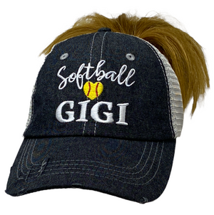 Softball Gigi MESSY BUN HIGH PONYTAIL Mesh Embroidered MESH Hat Trucker Hat Cap