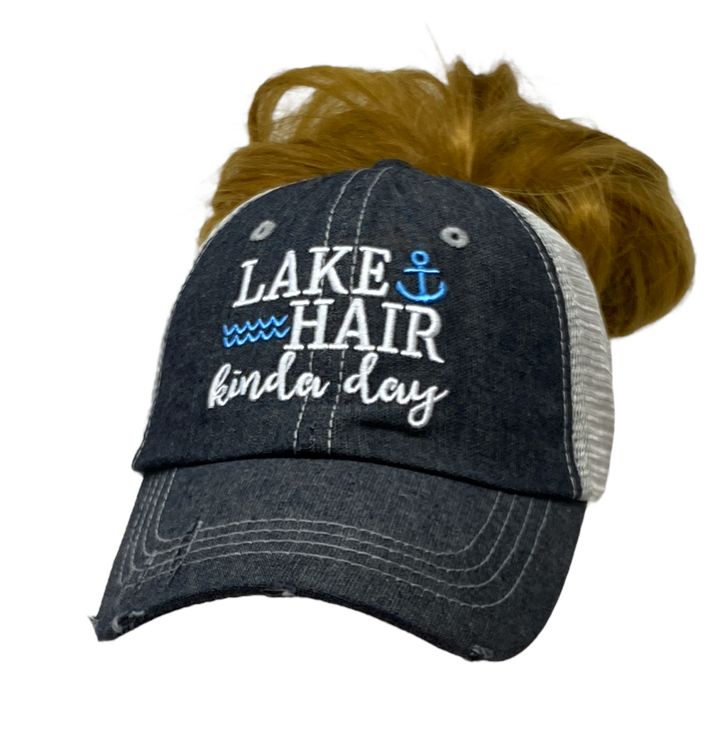 Lake Hair Kinda Day MESSY BUN HIGH PONYTAIL Distressed Trucker Hat -287