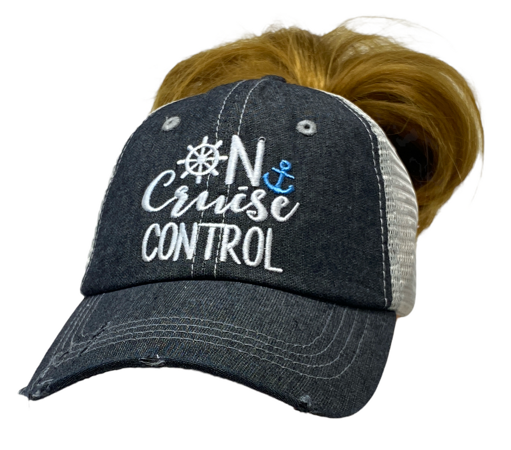 On Cruise Control MESSY BUN HIGH PONYTAIL Distressed Trucker Hat -371