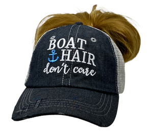 Boat Hair Kinda Day MESSY BUN HIGH PONYTAIL Distressed Trucker Hat -367