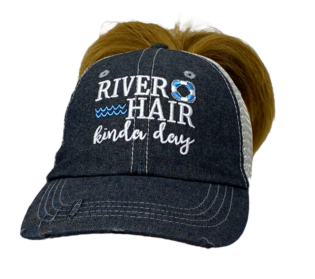 River Hair Kinda Day MESSY BUN HIGH PONYTAIL Distressed Trucker Hat -291