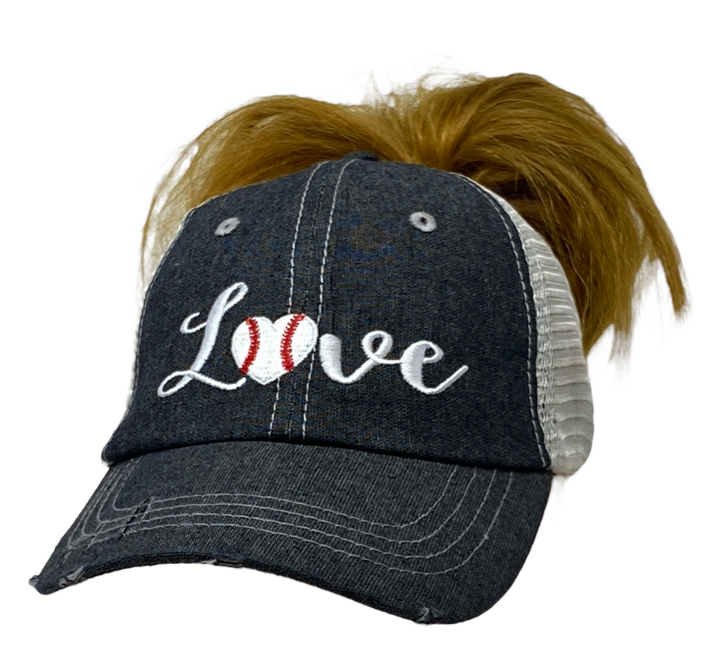 Love Baseball Mom MESSY BUN HIGH PONYTAIL Mesh Embroidered MESH Hat Trucker Hat Cap -221