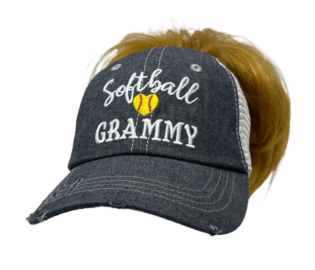 Softball Grammy Softball Grandma MESSY BUN HIGH PONYTAIL Mesh Embroidered MESH Hat Trucker Hat Cap -255