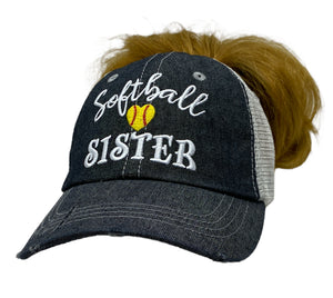 Softball Sister MESSY BUN HIGH PONYTAIL Mesh Embroidered MESH Hat Trucker Hat Cap -259