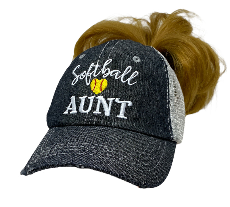 Softball Aunt MESSY BUN HIGH PONYTAIL Mesh Embroidered MESH Hat Trucker Hat Cap-245