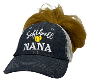 Softball Nana MESSY BUN HIGH PONYTAIL Mesh Embroidered MESH Hat Trucker Hat Cap -251