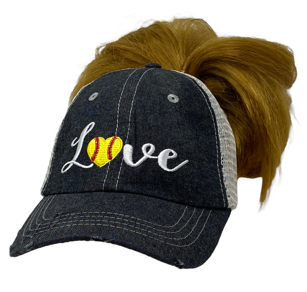 Softball Love MESSY BUN HIGH PONYTAIL Mesh Embroidered MESH Hat Trucker Hat Cap -263