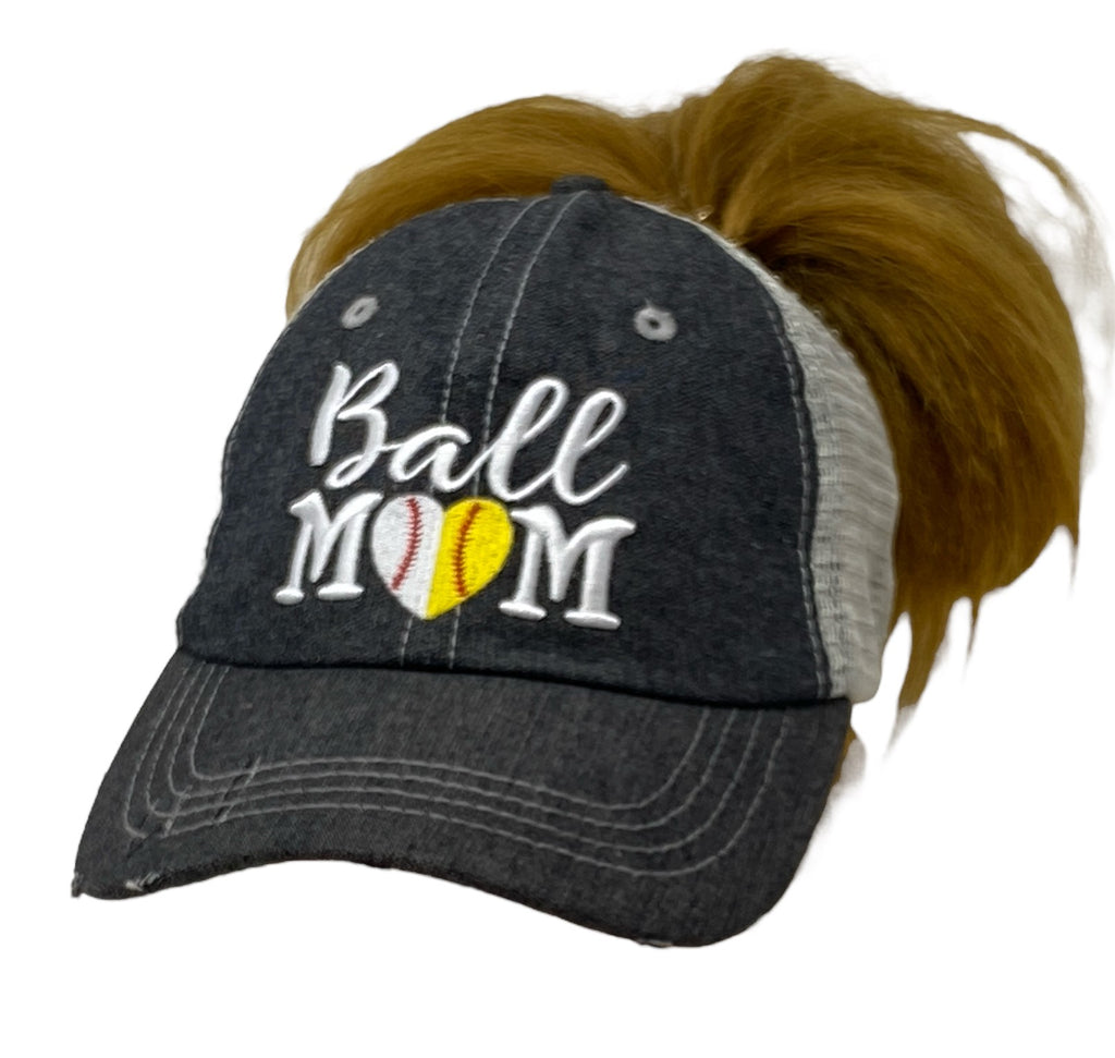 SB/BB Ball Mom MESSY BUN HIGH PONYTAIL Half Baseball Half Softball Baseball MOM Softball MOM Hat -273