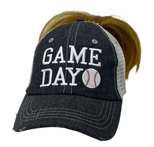 Game Day Baseball MESSY BUN HIGH PONYTAIL Embroidered Hat -211