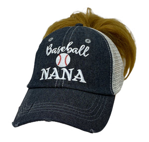 Baseball Nana Grandma MESSY BUN HIGH PONYTAIL Mesh Embroidered MESH Hat Trucker Hat Cap-215